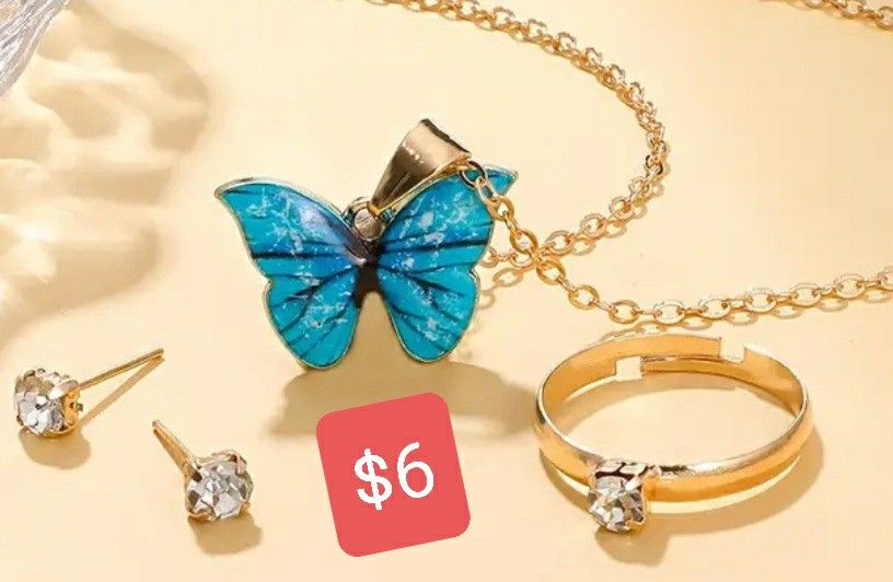 4 Pcs Charming Butterfly Jewelry Set. Necklace Earrings And Ring