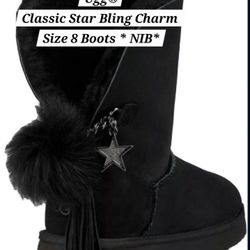 UGG® Women's Black Sz 8 Classic Star Bling Charm Boots Pom Pom NEW IN BOX 
