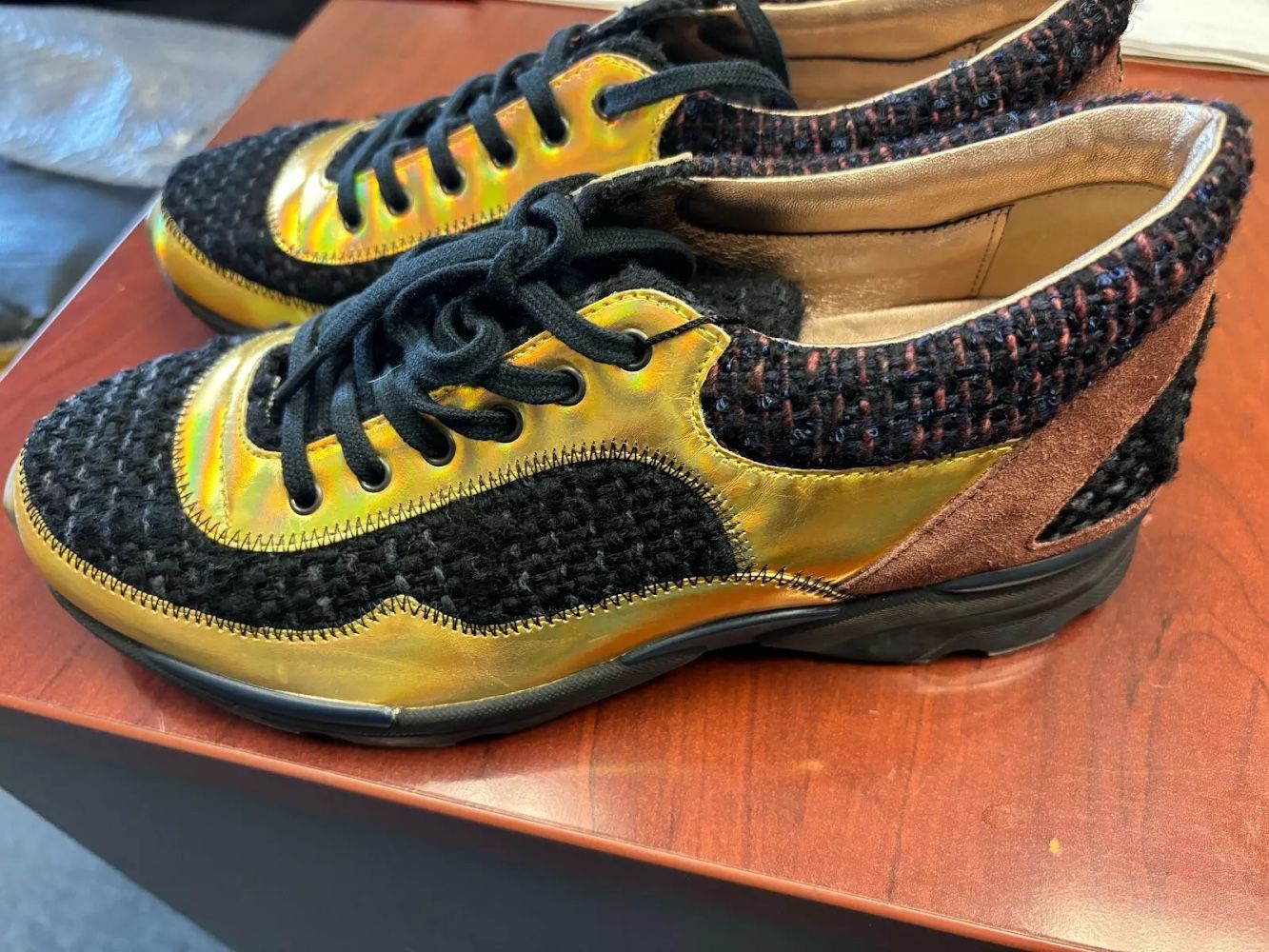 Chanel Metallic Leather Tweed Sneakers Gold Womens Size 37 Eu