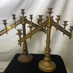 PAIR OF VINTAGE ORNATE BRASS 7 CANDLE ADJUSTABLE CANDELABRA ALTER/CHURCH/WEDDING