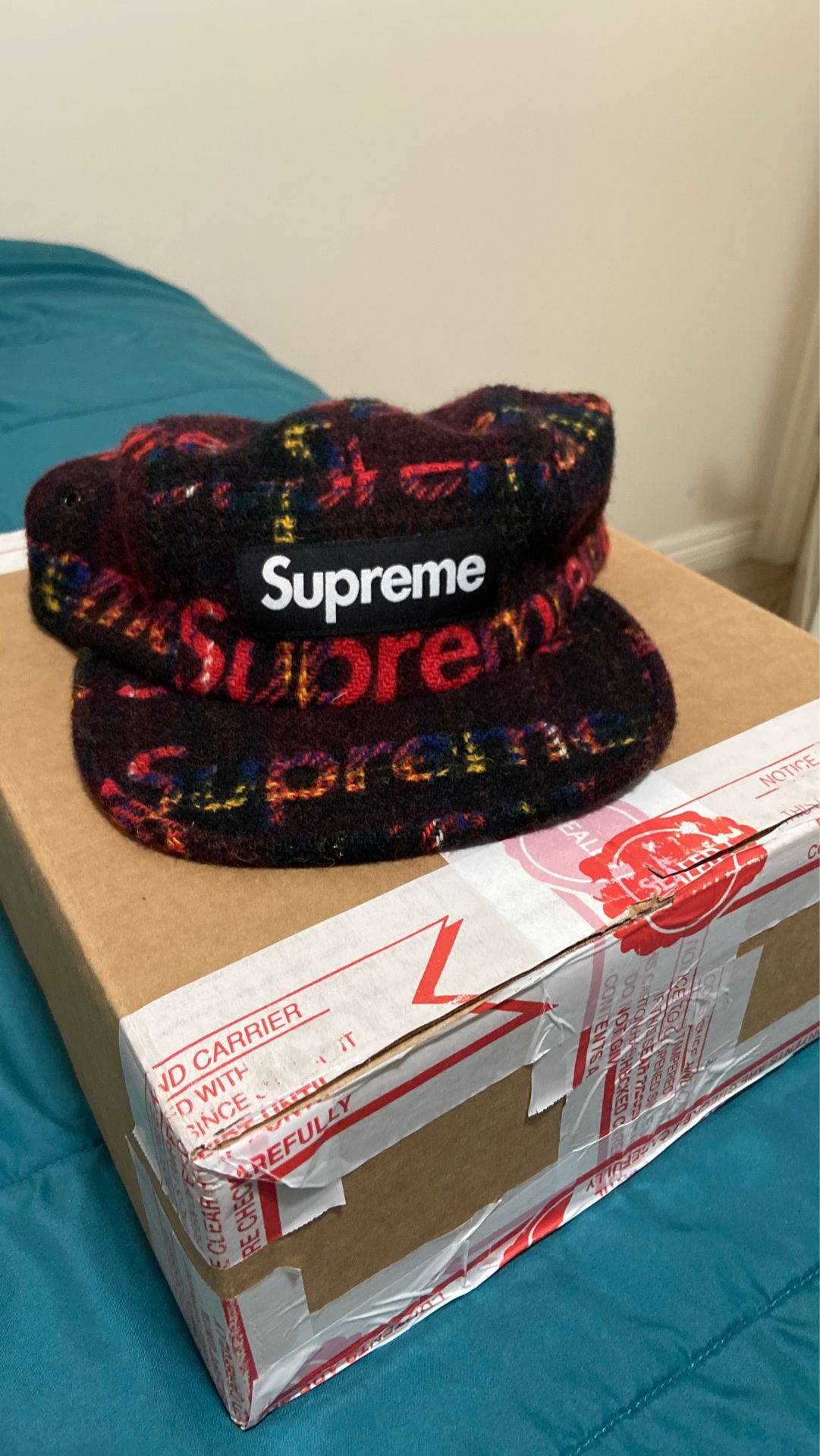 Supreme Harris Tweed Camp Cap Black/Red Plaid FW18