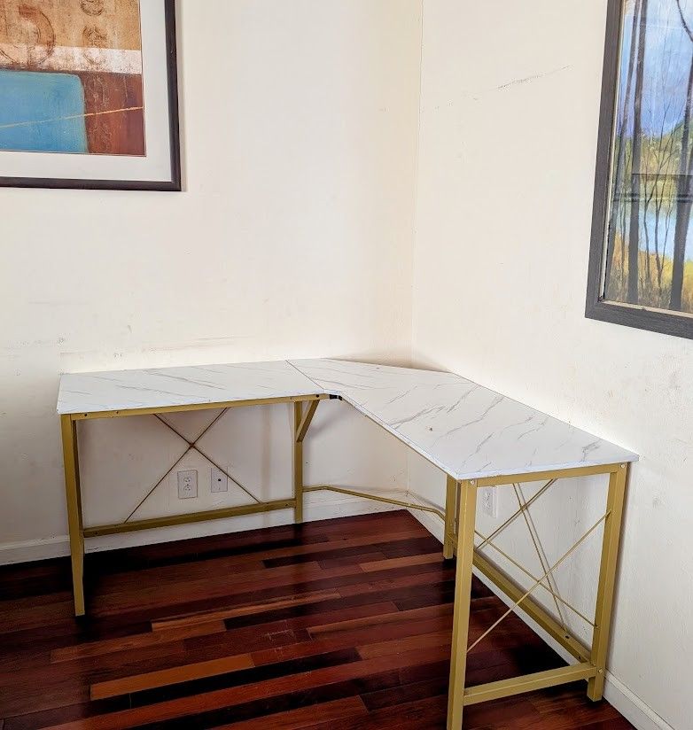 White corner L-shaped desk or banquet/party table