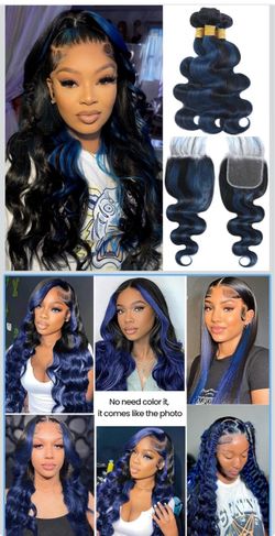 🔥brand new 🔥 12A Black Mix Blue  Bundle with Closure Human Hair Body Wave, #1B/Blue Colored Subtle Bundles with Closure 100% Unprocessed Remy Hair 3