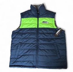 Seattle Seahawks Reversible Sherpa Puffer Vest Navy Gray Embroidered Logo Men’s XL NWT