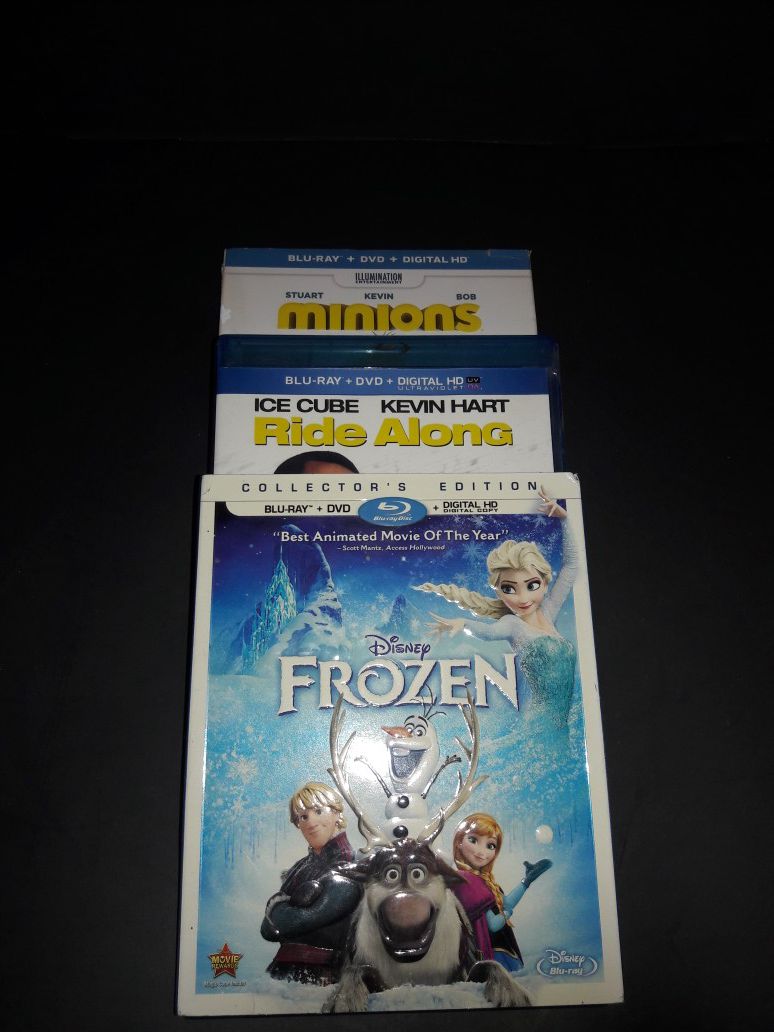 Frozen, Ride Along, Minions Blu Ray Disc x3