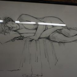 FRAMED PAINT "PERSON IN BED" 25 X 20. GOOD CONDITION. I'M NOT SURE WHO IS THE ARTIST.  