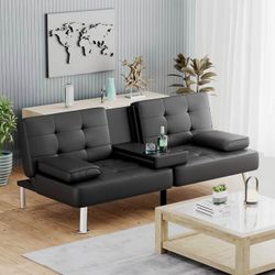 Modern Black Couch,Stylish Faux Leather Futon Sofa Bed for Living Room, Convertible Folding Lo D-30
