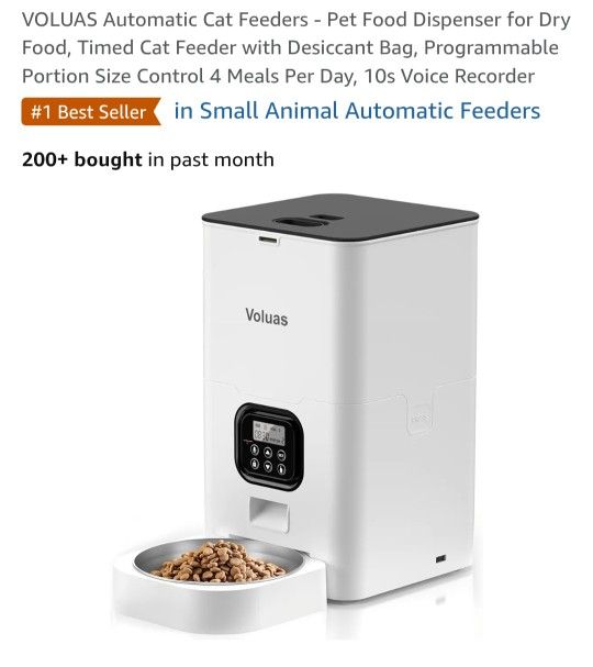 VOLUAS Automatic Cat Feeders - Pet Food Dispenser for Dry Food, Timed Cat Feeder with Desiccant Bag, Programmable Portion Size Control 4 Meals Per Day