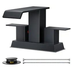 Forious 4 in. Centerset Double Handle Low Arc Bathroom Faucet with Pop-up Drain Included in Matte Black
