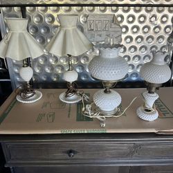 4 Antique Vintage Hobnail Milk Glass Lamps