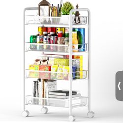 4 Tier Mesh Wire Rolling Cart, Kitchen Storage Organizer Utility Cart, Full Metal Basket Storage Art Trolley Carts with Wheels & 4 Side Hooks