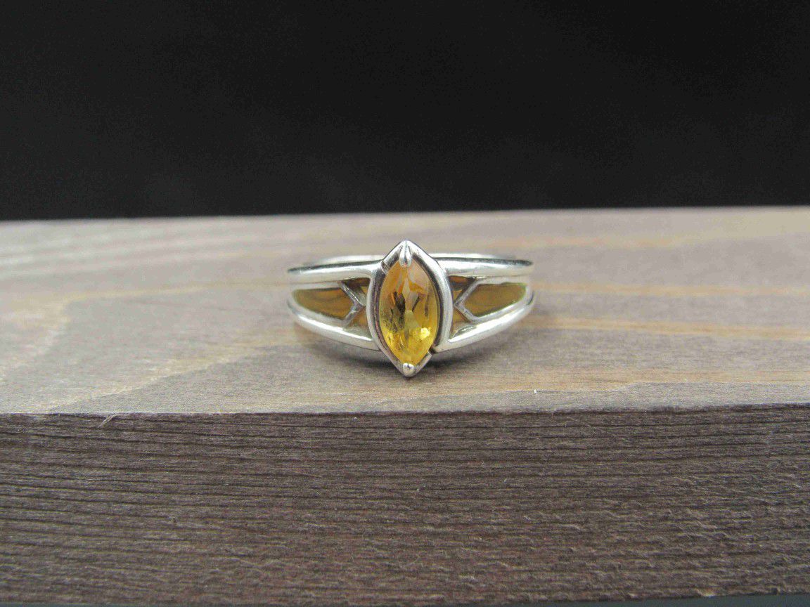 Size 6.75 Sterling Silver Citrine With Inlays Band Ring Vintage Statement Engagement Wedding Promise Anniversary Cocktail