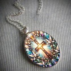 Silver and Multicolored Cross Pendant Necklace 