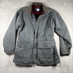 VTG Woolrich Jacket Mens L Gray Wool Blanket Lined Denim Chore Barn Coat 90s