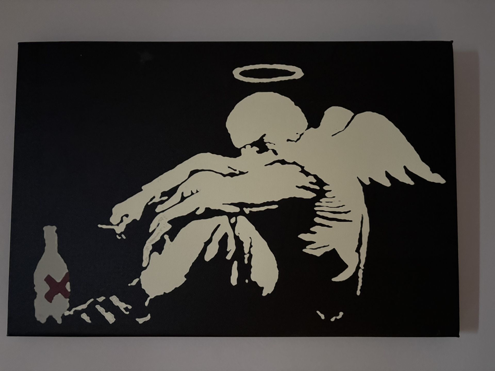For Sale: Banksy-Style Angel Canvas Replica – Stencil Street Art