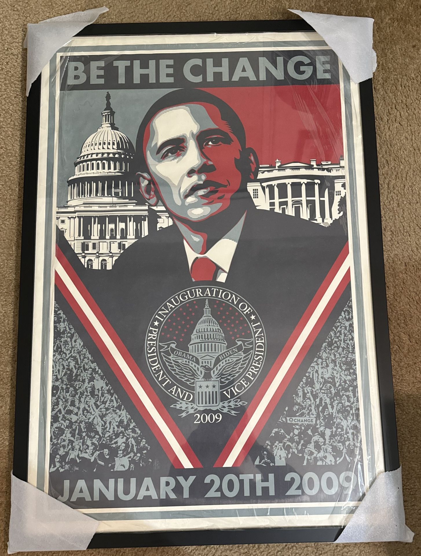 Framed Shepard Fairey “Be the Change” Obama Inauguration Poster 2009