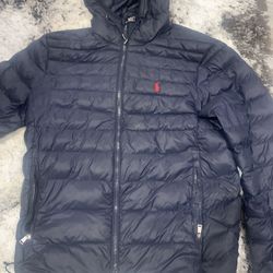 Men Size S  Navy Blue Packable Puffer Jacket With Hoodie 