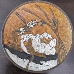 Vintage Brass Bowl - Decorative Brass & Enamel Trinket Dish - Dragonfly and Lotus Flower Enamel