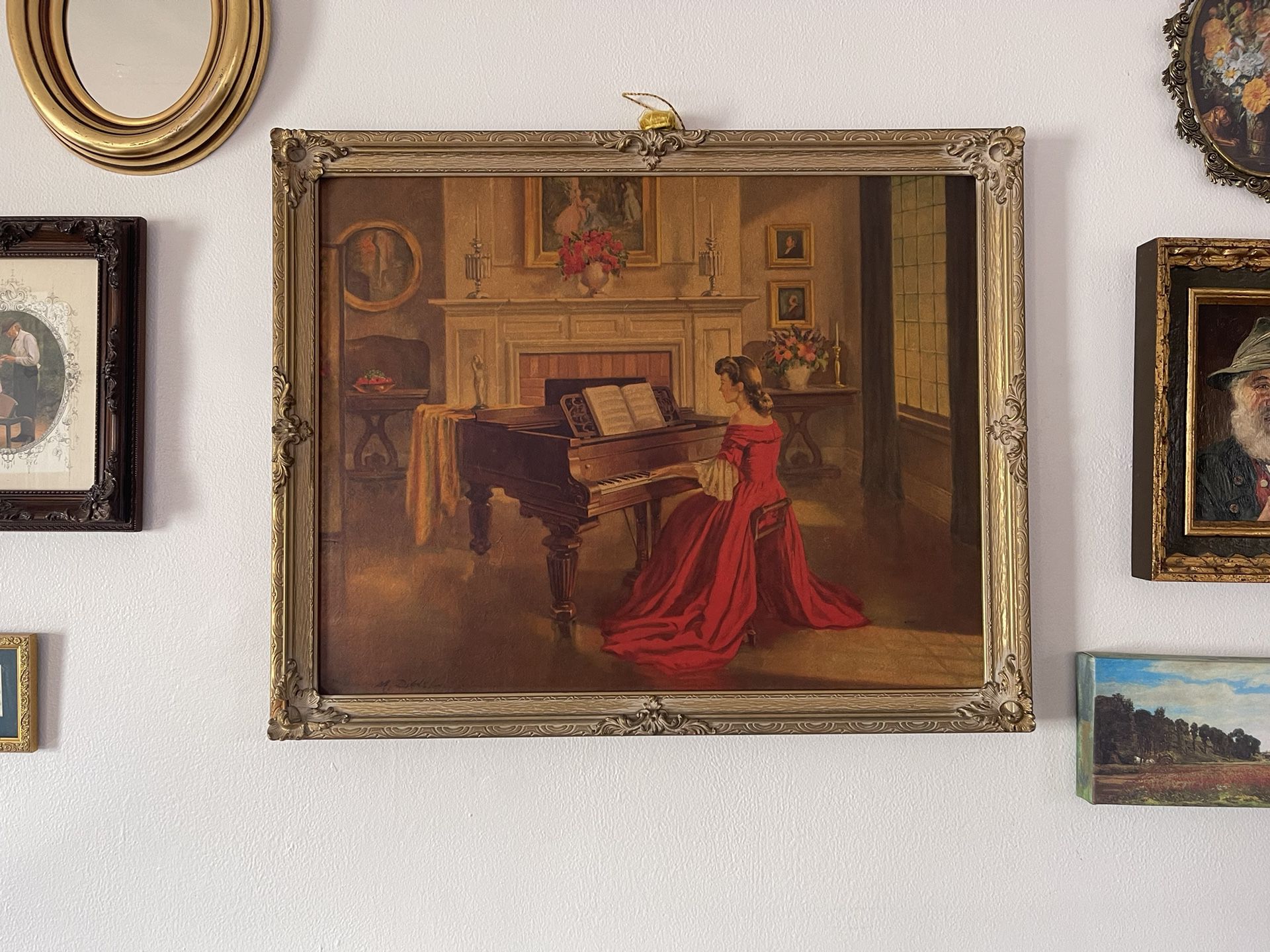 Antique Framed Wall Hanging Sonata TMCO Lithograph, of Painting By M. Ditlef Sonata Lady In Red Dress