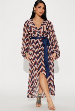 Blue/Brown Chiffon Midi Dress 