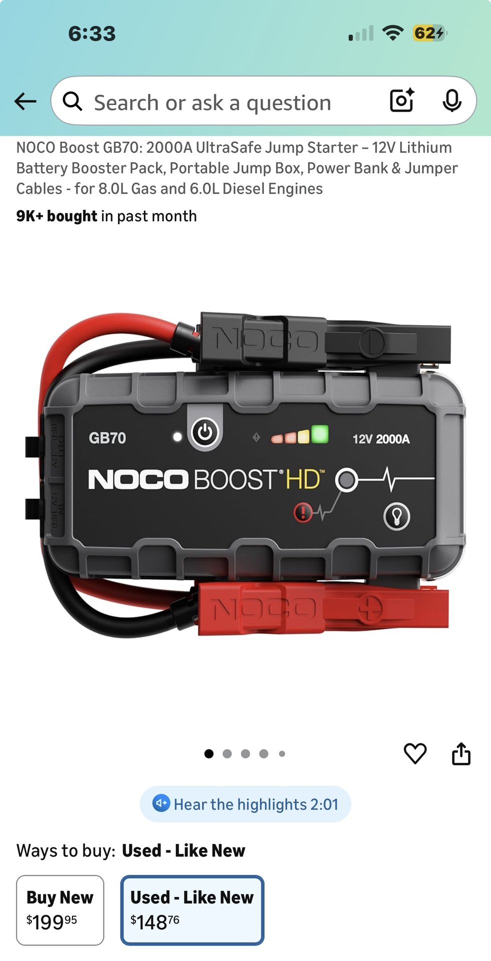 NOCO Boost GB70: 2000A UltraSafe Jump Starter