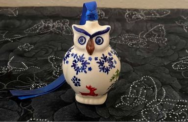 Authentic Polish Pottery Owl Christmas Ornament Manufaktura Blue White Reindeer
