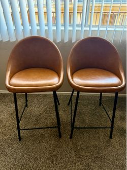 Mid Century Modern Counter Height Bar Stools – Set of 2 (Cognac Faux Leather)