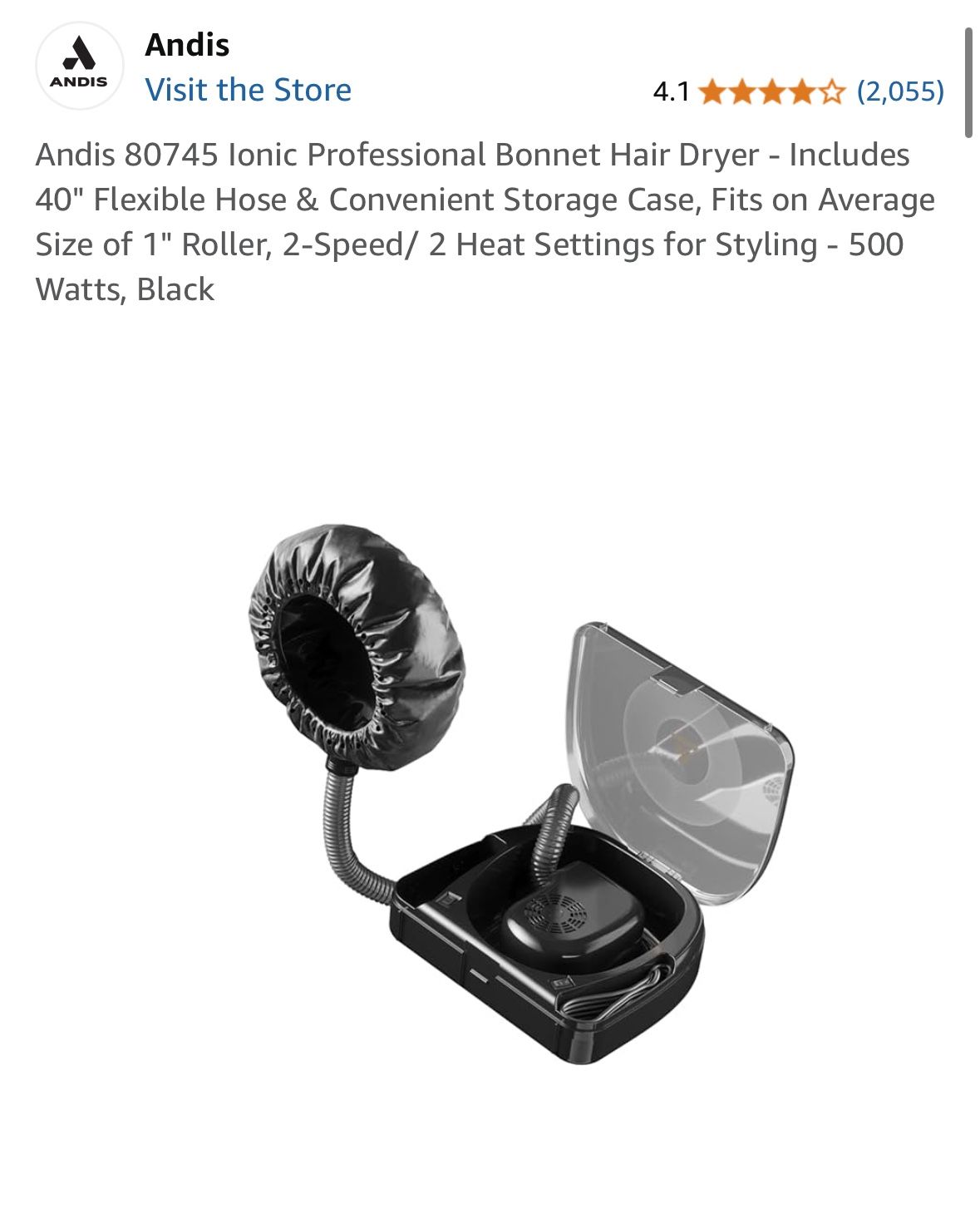 Andis 80745 Ionic Professional Bonnet Hair Dryer - Includes 40" Flexible Hose & Convenient Storage Case, Fits on Average Size of 1" Roller, 2-Speed/ 2