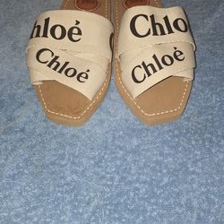 Chloe 'Woody' Flat Logo Canvas White Slides Size 37