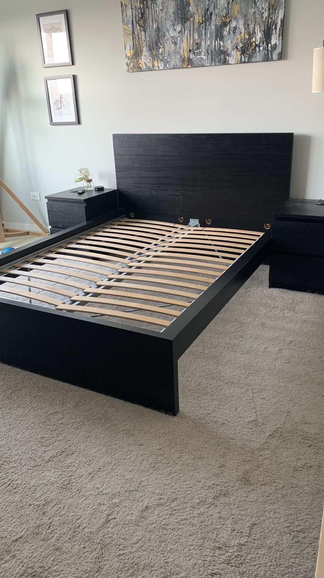 Bed Frame Queen Black With Wooden Bamboo Slats