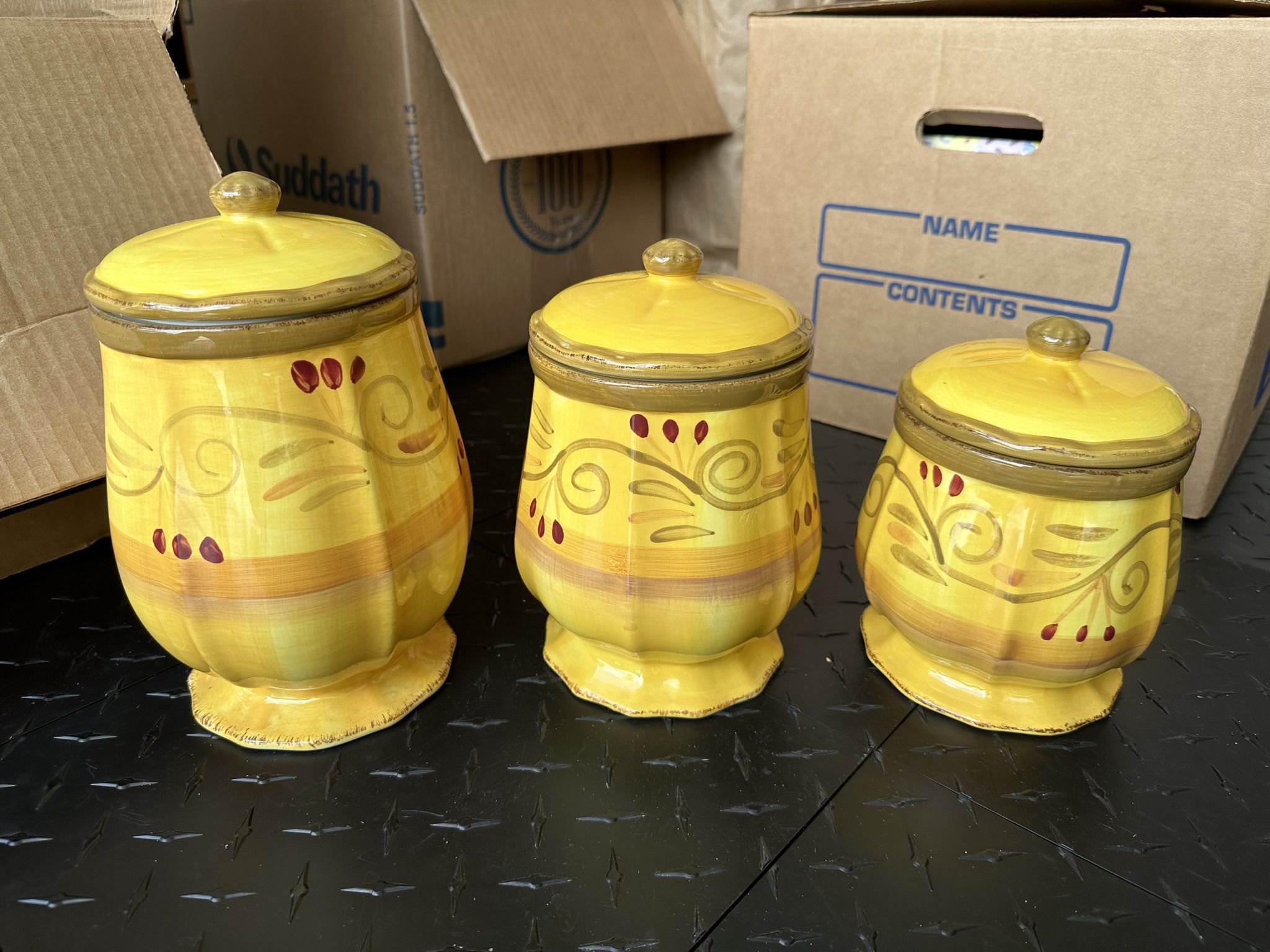 3 Home Trends Verdona Yellow Canisters 6”,H 7.5” H& 8.5”H in Parkland