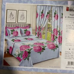 8-Piece Floral Bedding Set with Curtains