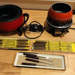 2 Fondue Cookers, Oster and West Bend, 12 Long Forks and 4 Short Forks. 