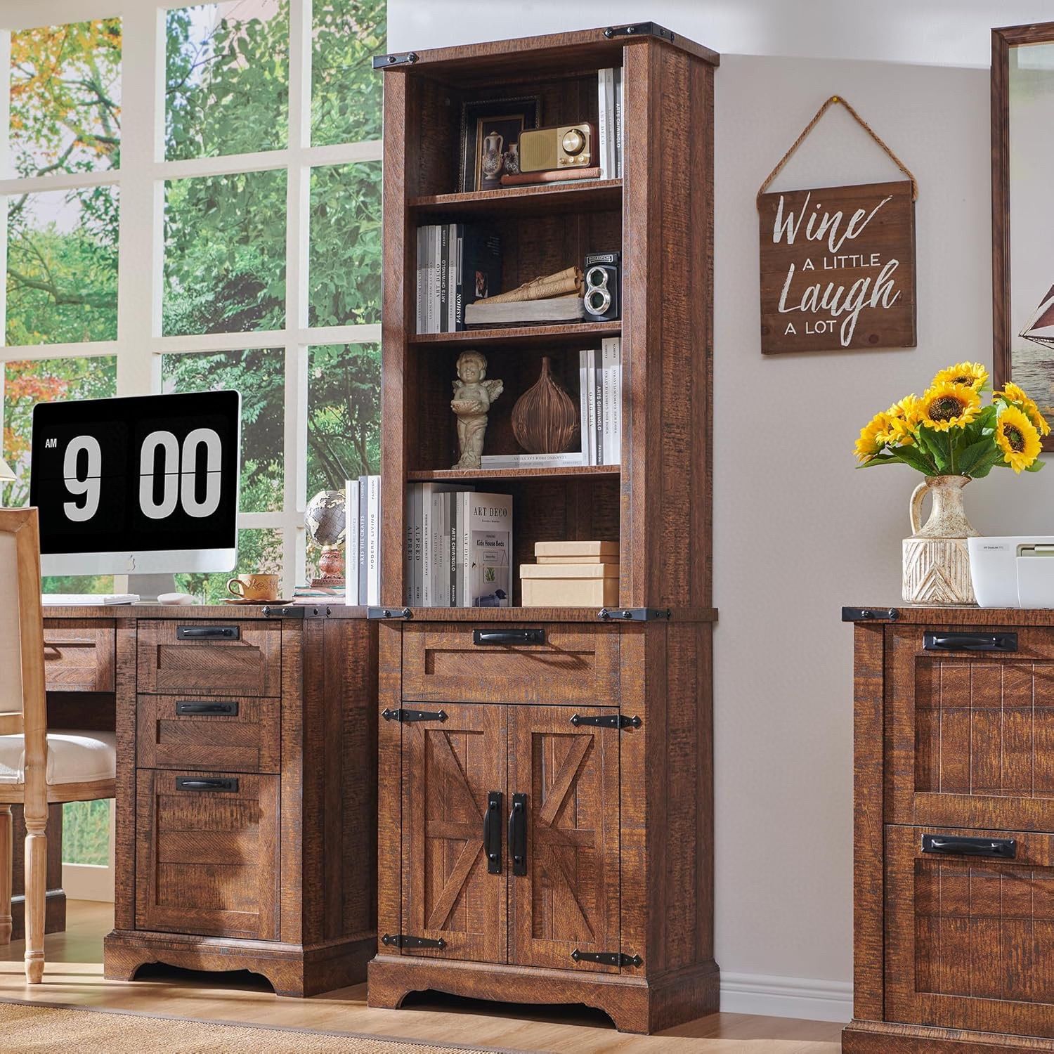 Bookshelf with Storage Cabinet, 72" Tall Farmhouse Bookcase with Adjustable Shelves and Barn Door, 4 Tier Office Wood Bookshelf