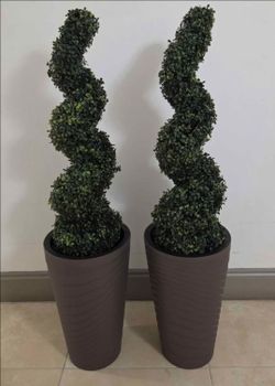*** PRICE DROP *** PAIR of 3ft Faux Boxwood Spirals in 18in Dark Brown Planters (2 for $100) @ Lasting Creations