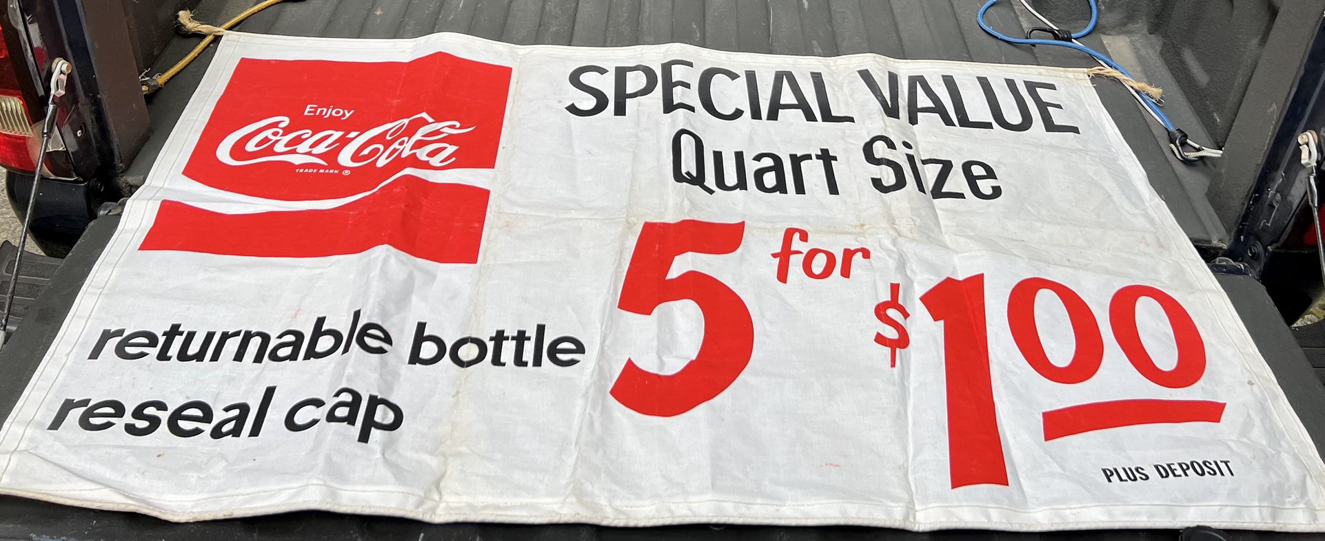 Vintage Coca Cola special value quart size bottle cloth banner 56x34