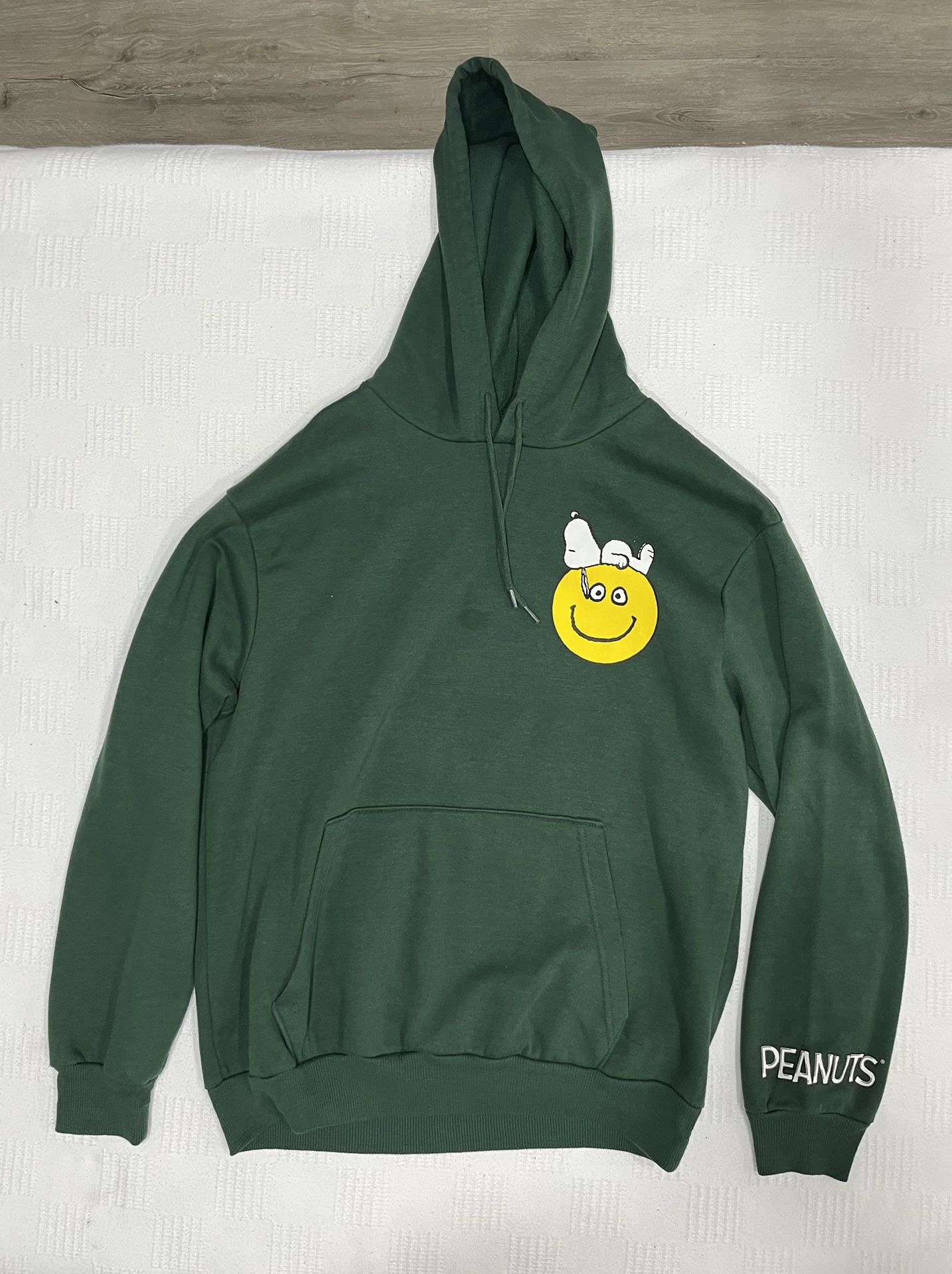 Peanuts Snoopy Pullover Hoodie Sweatshirt Smiley Face Green Size L Unisex