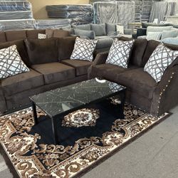 Brown Loveseat + Sofa