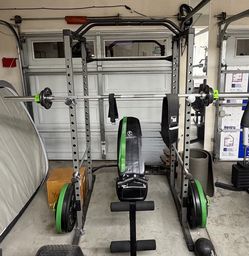 Squat Rack With Barbell + weights + bench