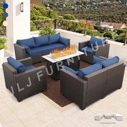 NEW🔥 Outdoor Patio Furniture Set Brown Wicker Sapphire Blue Cushions 45" Firepit ASSEMBLED