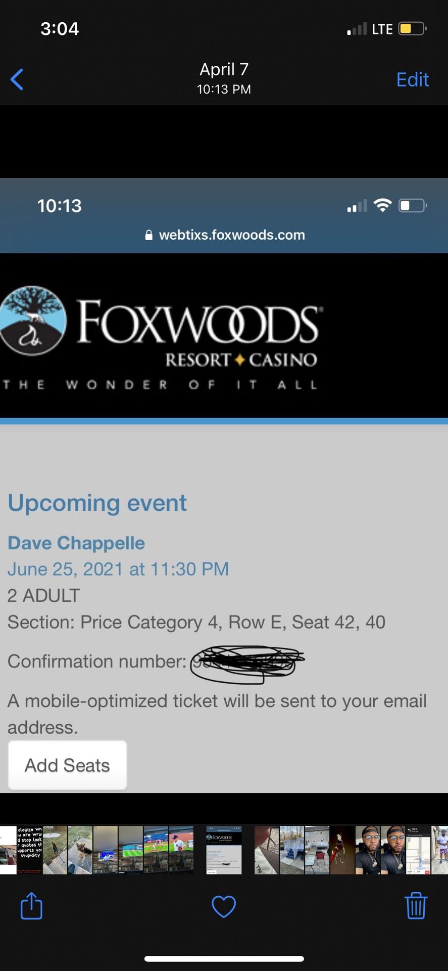 Two tickets for Dave Chappelle Foxwoods 6/25