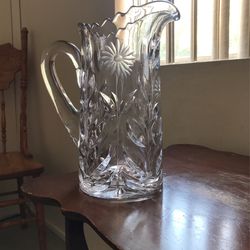 Vintage Heavy Cut Crystal Carafe Pitcher Decanter FLOWERS and LEAVES  10" Tall