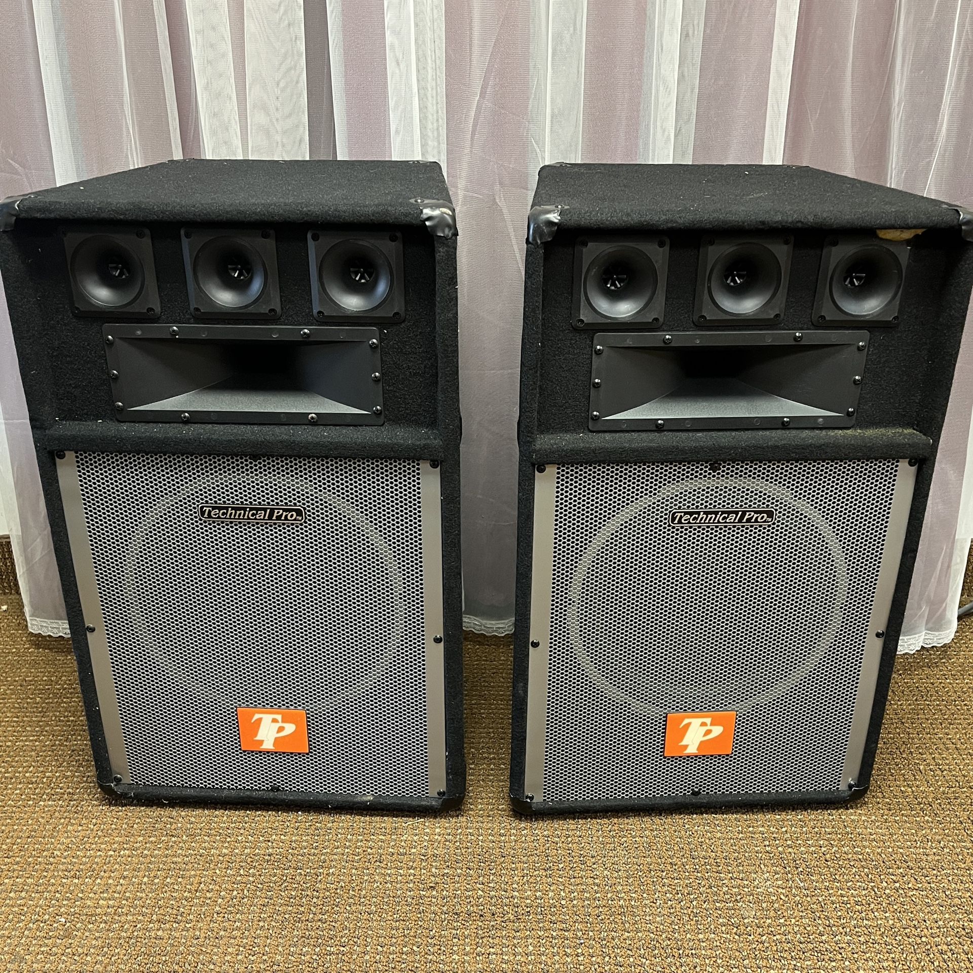 (2) Technical Pro Bom 12" passive 2 way speakers. Daisy chain or use independent inputs. Takes 1/4" inputs or stripped home speaker cable. $49 each
