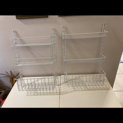 White steel wire basket storage system with track & 6 adjustable 15” wide baskets