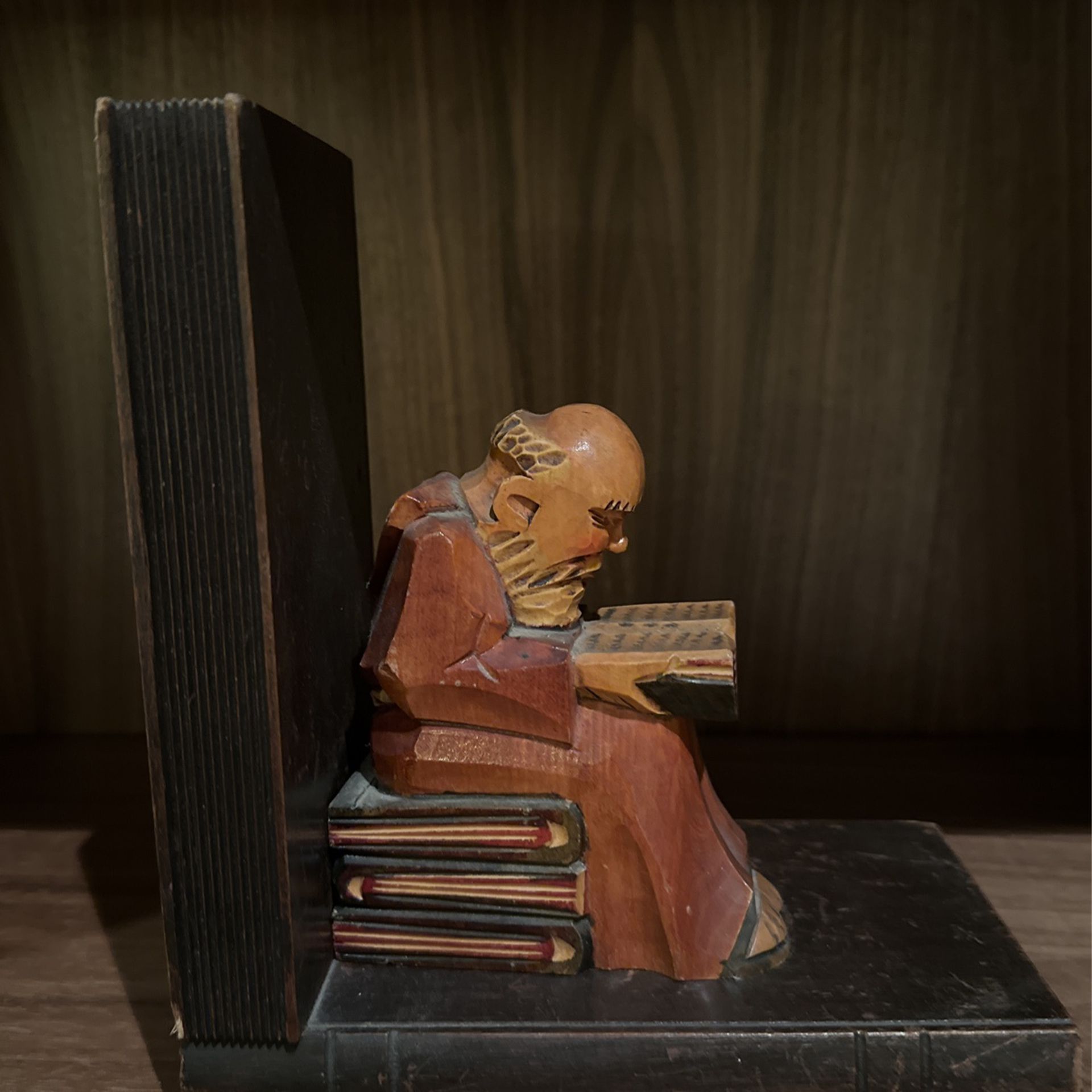 Vintage Pair of Hand-carved Wood Monks or Priests Reading Bookends
