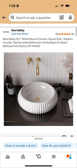 DeerValley 15.7" White Round Ceramic Vessel Sink - Modern Counter Top Porcelain Bathroom Vanity Bowl Art Basin (Without Sink Drain), DV-1V0223