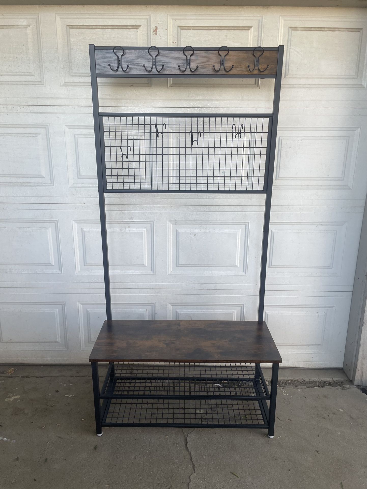 Industrial Coat Rack, Shoe Rack with Mesh Memo Board, 9 Hooks and