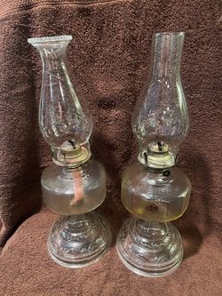 Pair Vintage Lamplight Farms Amber Glass Oil Lamps / Hurricane Lamps