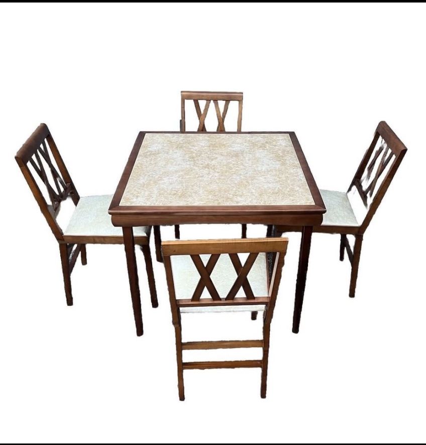 Vintage Leg-O-Matic Table & 4 Folding Chairs