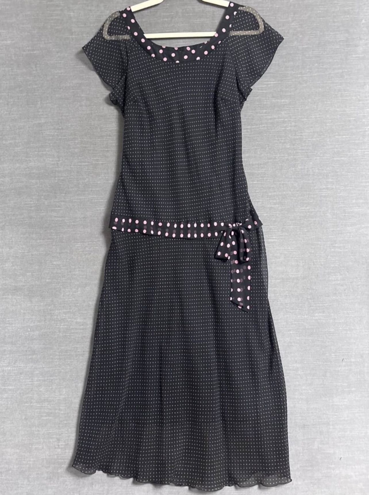 Dress Barn 16 Pink Black Polkadot Drop Waist Midi Chiffon